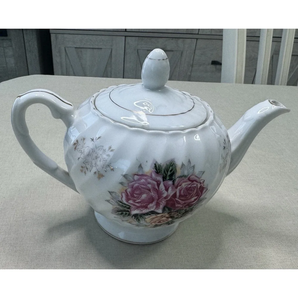 Vintage Floral Teapot‎ White Ceramic Pink Roses Gold Trim Cottagecore Shabby
